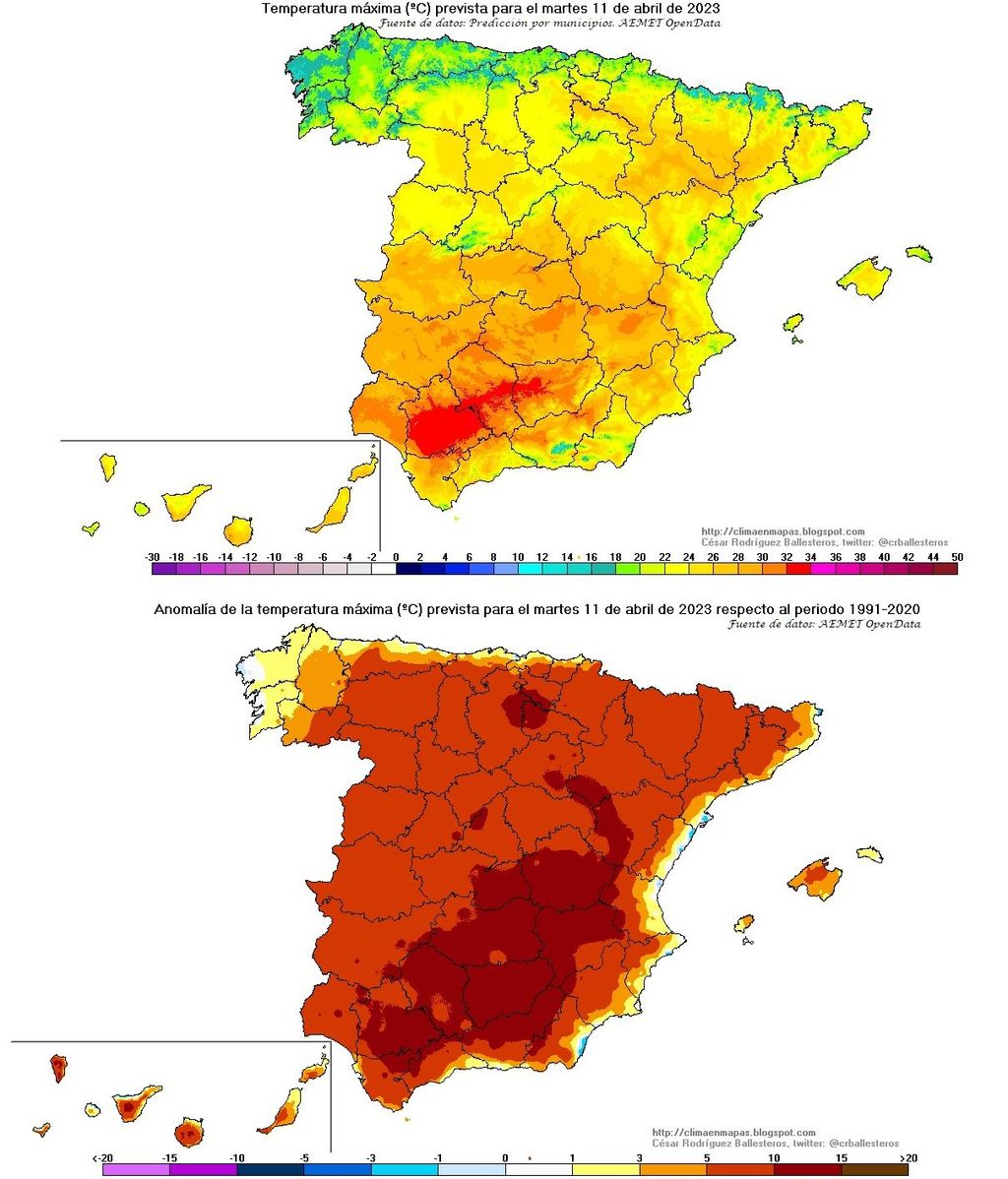 Temperaturas máximas y su anomalía prevista para el martes 11