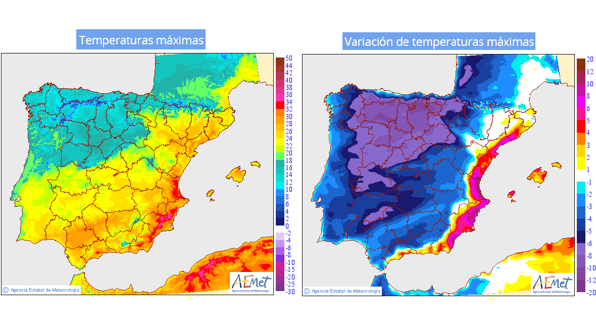 Temperaturas máximas y su variación previstas para el miércoles 12