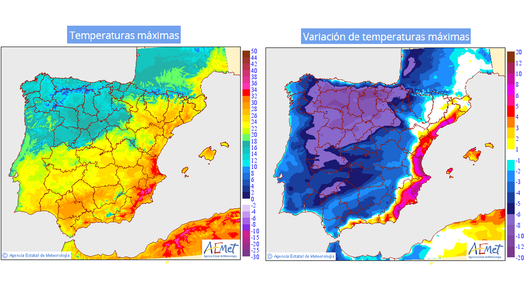 Temperaturas máximas y su variación previstas para el miércoles 12