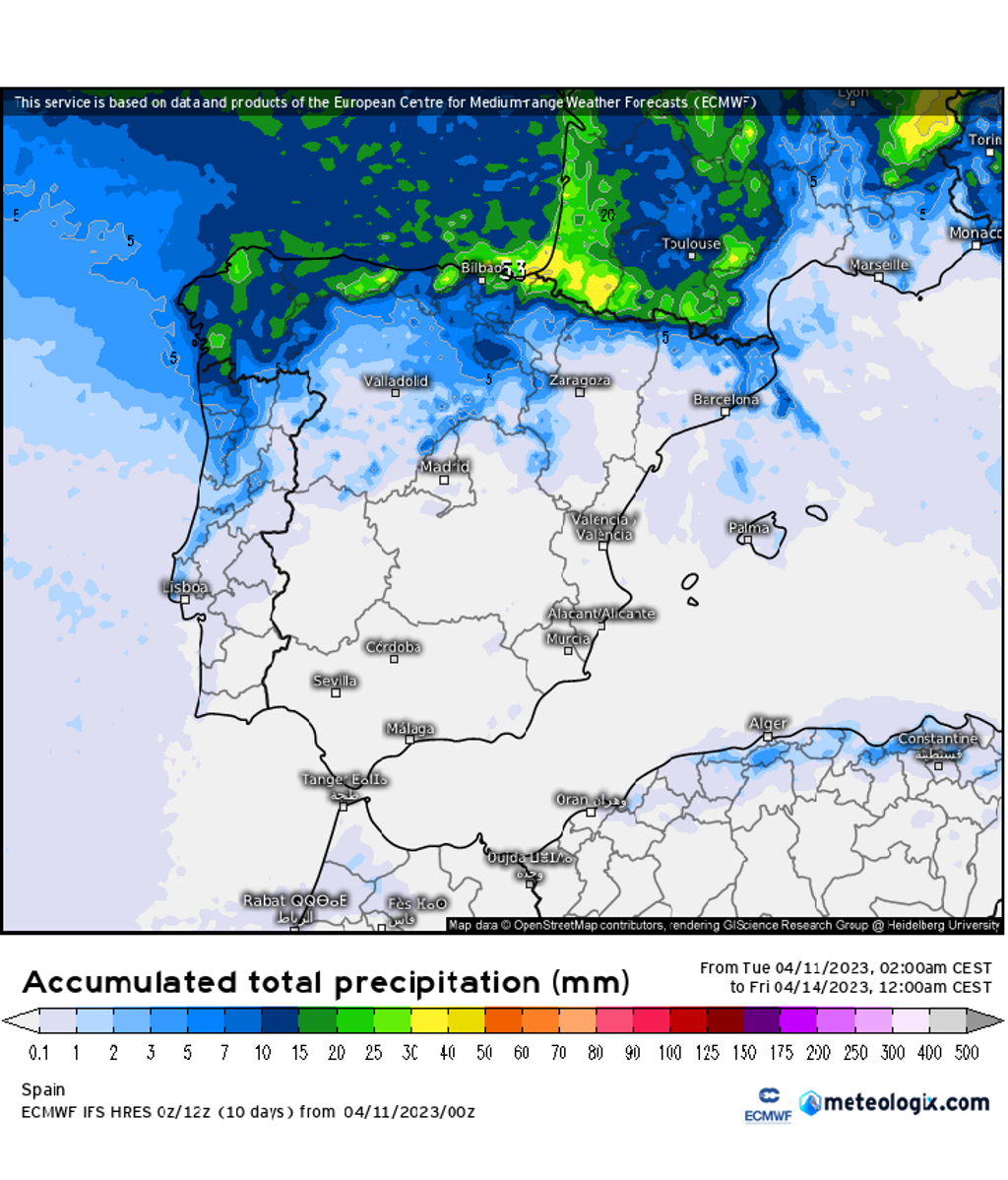 Precipitación prevista hasta el jueves 13