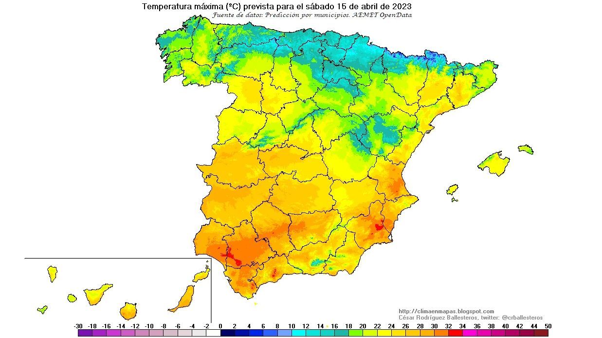 Temperaturas máximas previstas para el sábado 15