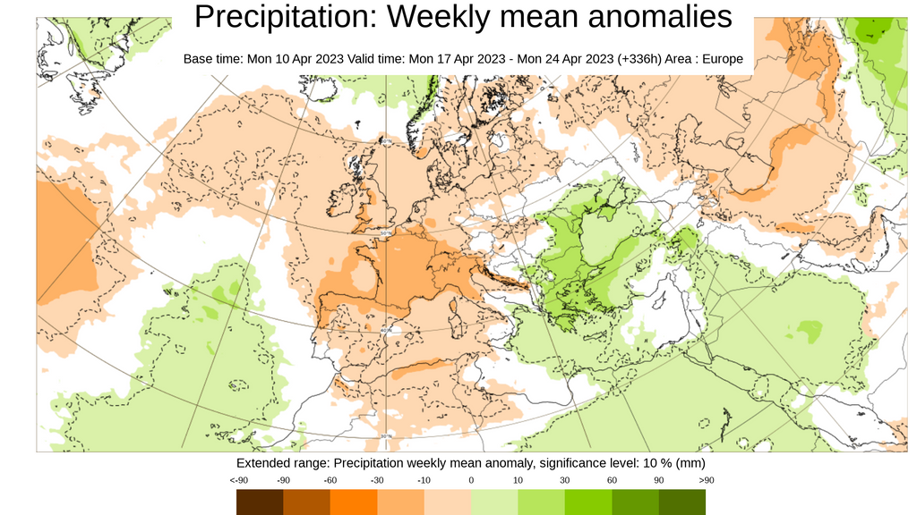 Anomalía de la precipitación prevista para la semana del 17 al 23 de abril