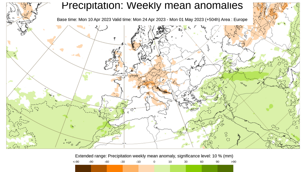 Anomalía de la precipitación prevista para la semana del 24 al 30 de abril