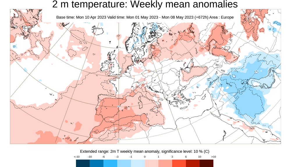 Anomalía de la temperatura prevista para la semana del 24 al 30 de abril