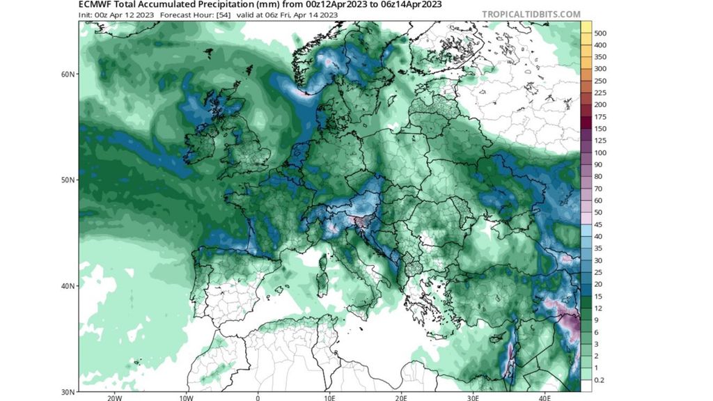 Precipitación prevista hasta el viernes 14 en Europa