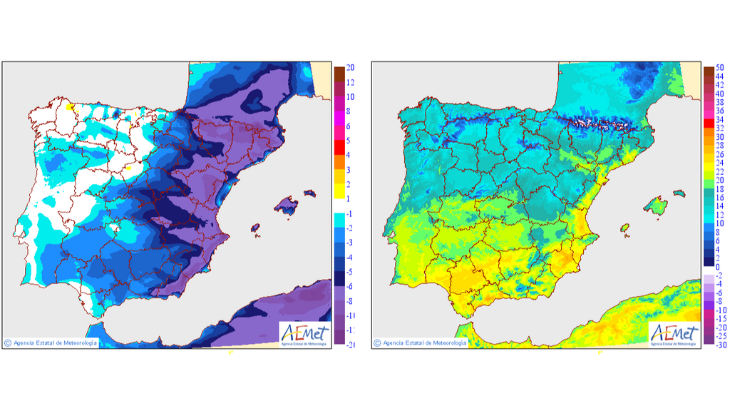 Temperaturas máximas previstas para el jueves 13 y su variación respecto al día anterior