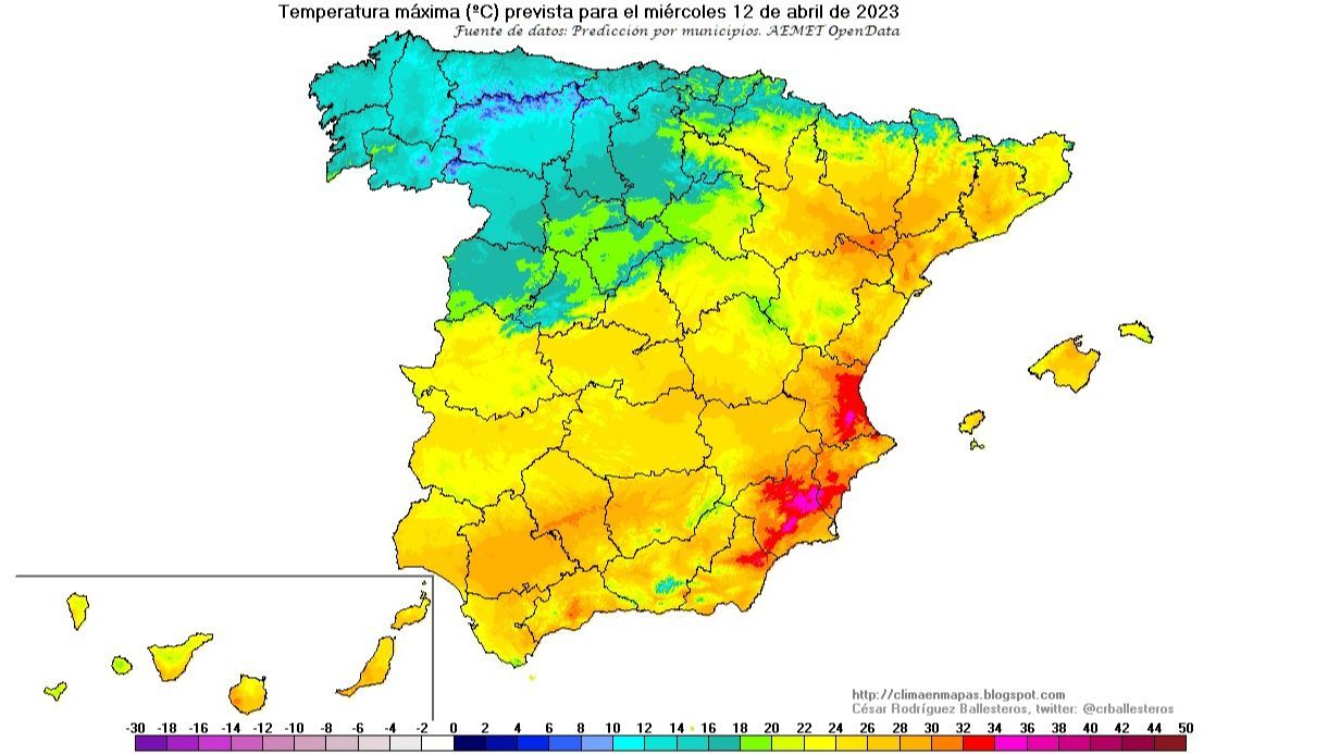 Temperaturas máximas previstas para el miércoles 12