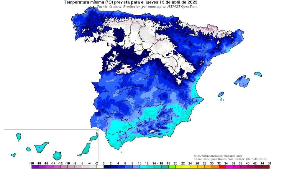 Temperaturas mínimas previstas para el jueves 13