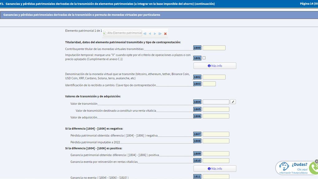Los criptoactivos se declaran en las casillas 1800 a 1814 del formulario de la declaración de la renta de 2022