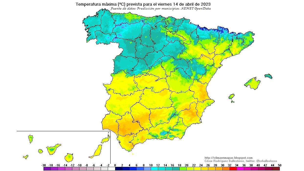 Temperaturas máximas previstas para el viernes 14