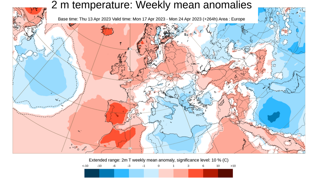 Anomalía de la temperatura prevista para la semana del 17 al 23 de abril