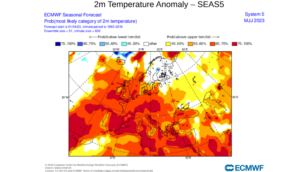 Anomalía de la temperatura prevista para los meses de mayo, junio y julio en conjunto
