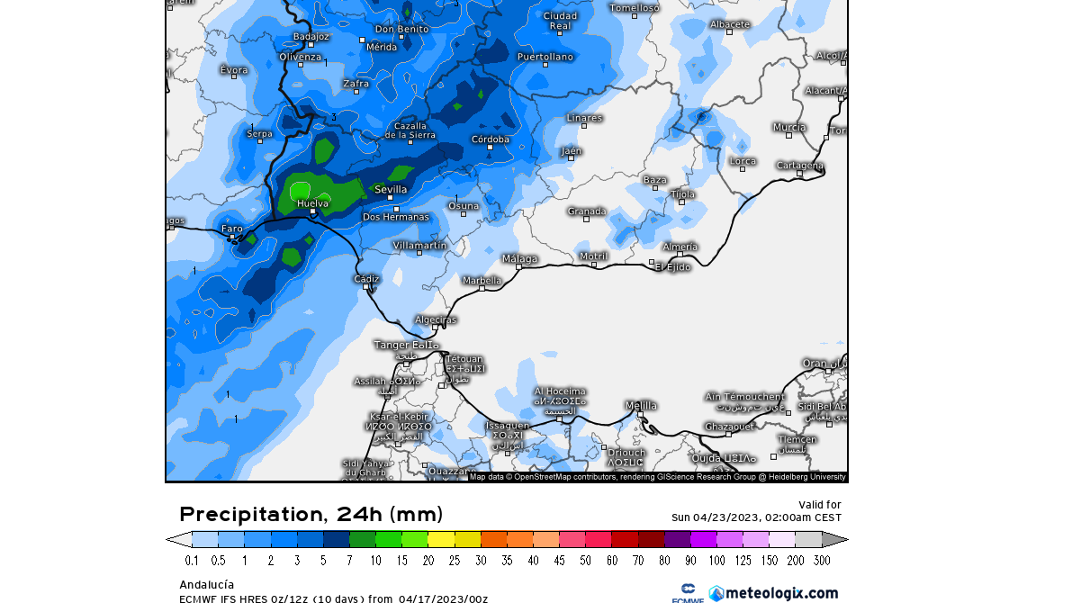 Precipitación prevista entre el sábado 22 y domingo 23