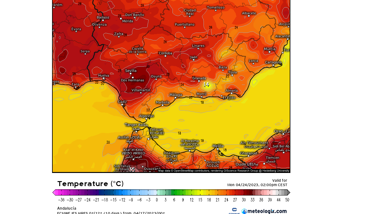 Temperatura máxima prevista para el domingo 23
