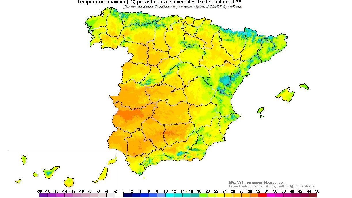 Temperaturas máximas previstas para el miércoles 19