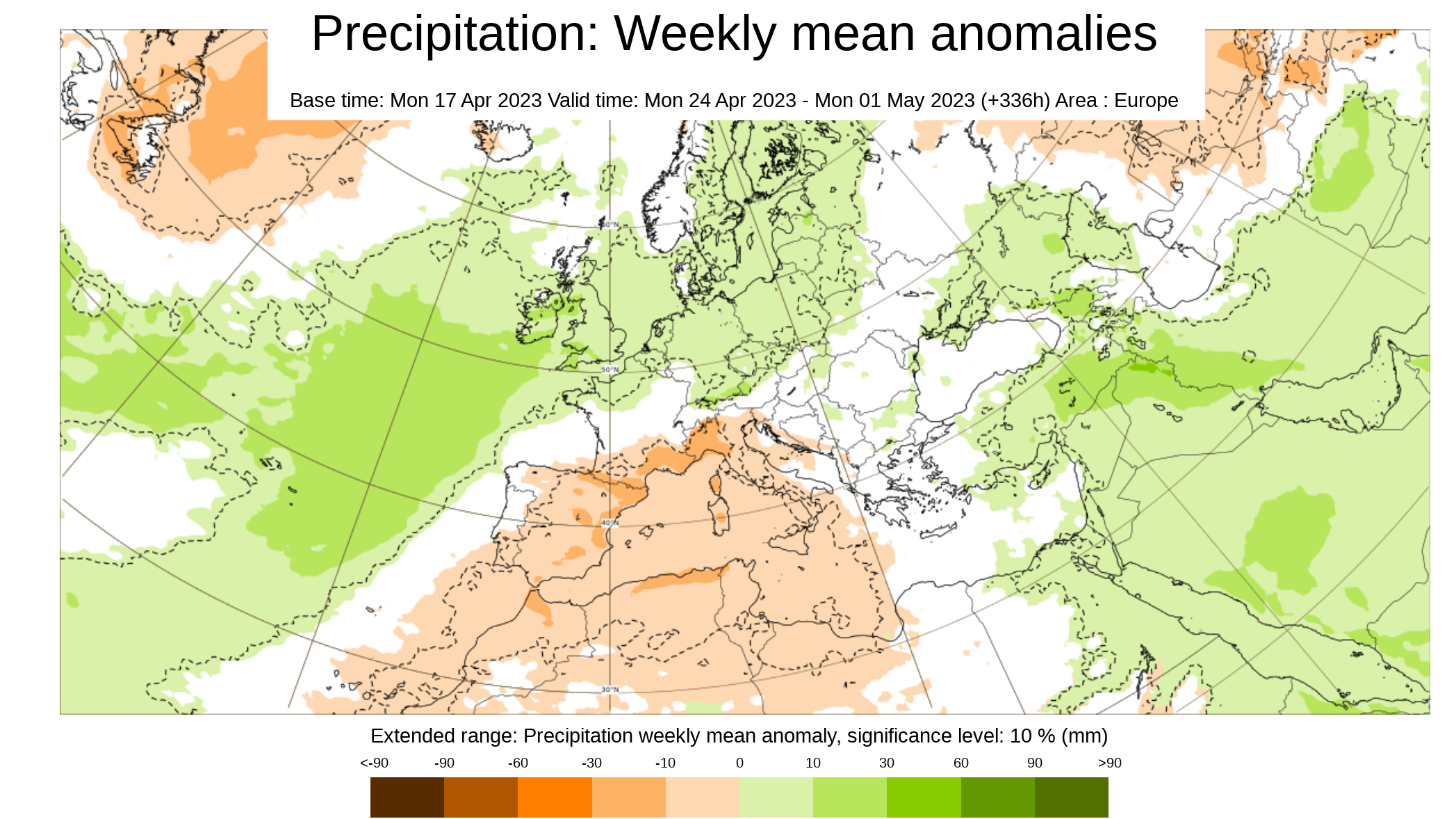 Anomalía de la precipitación prevista para la semana del 24 al 30 de abril