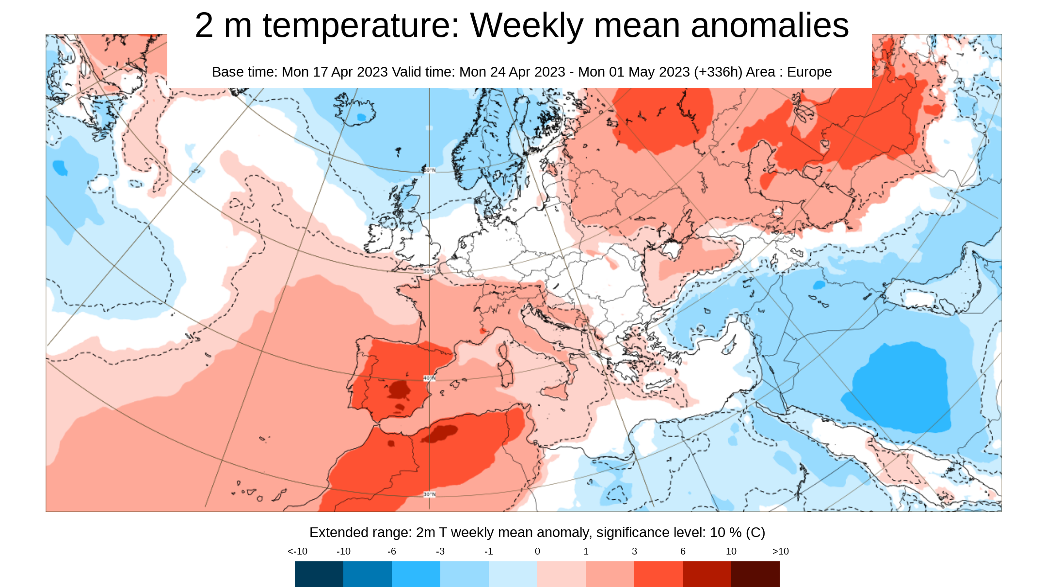 Anomalía de la temperatura prevista para la semana del 24 al 30 de abril