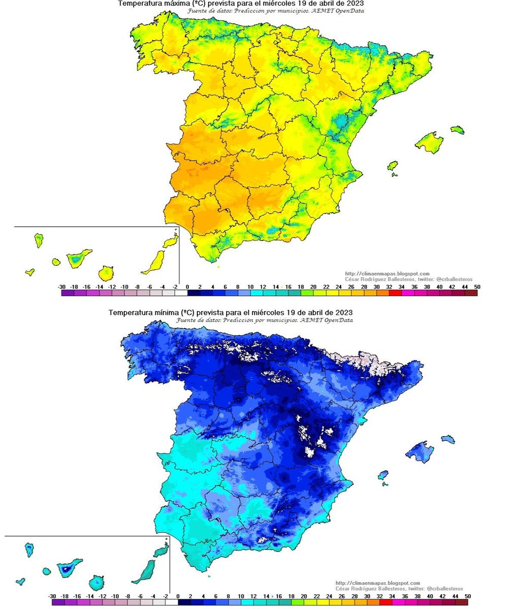 Temperaturas máximas previstas para el miércoles 19 de abril 2023