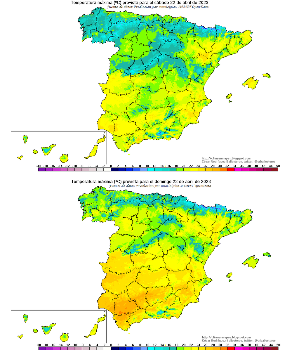 Temperaturas máximas previstas para el sábado 22 y domingo 23