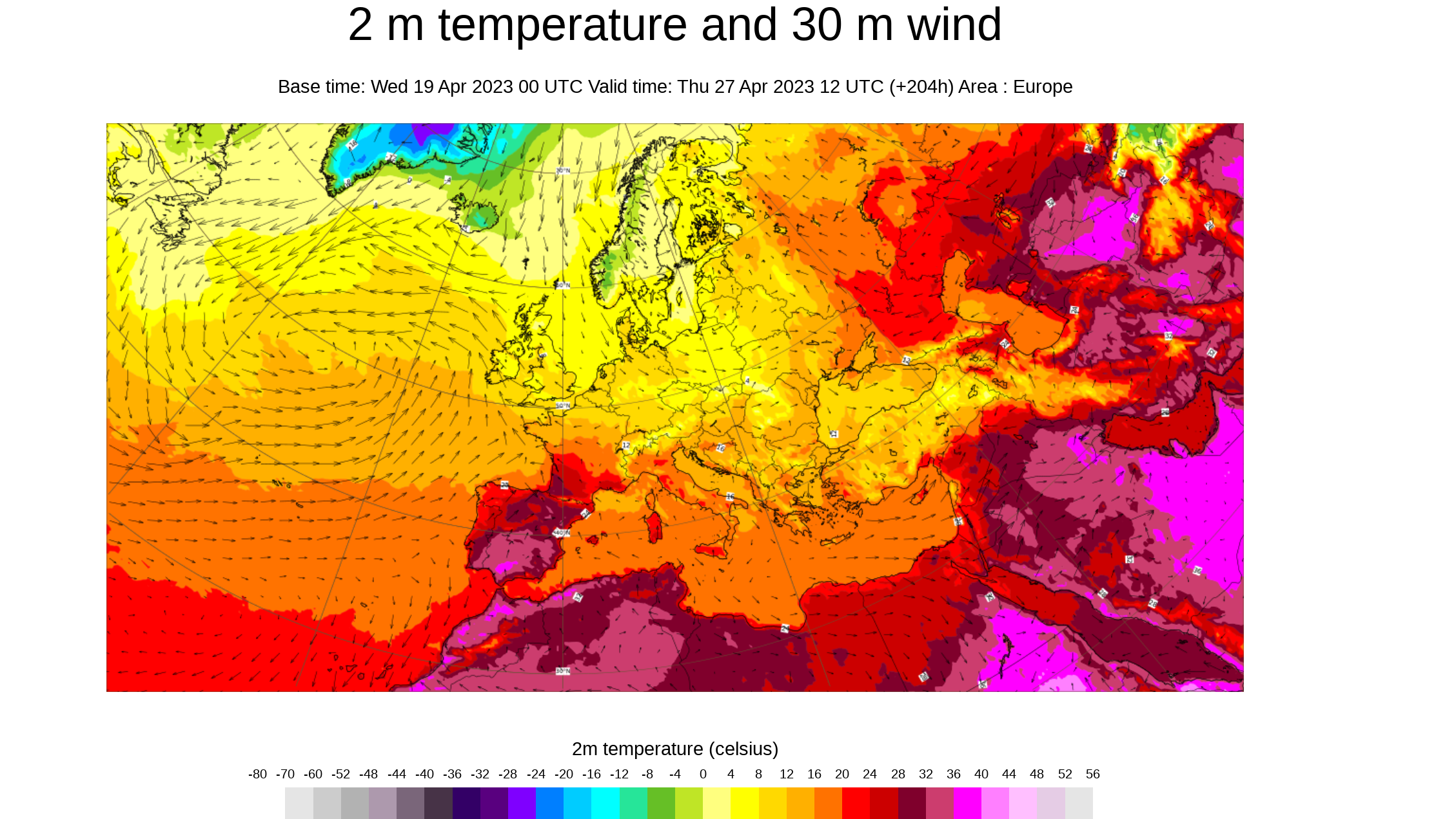 Temperatura en superficie (2m) prevista para el jueves 27 abril 2023