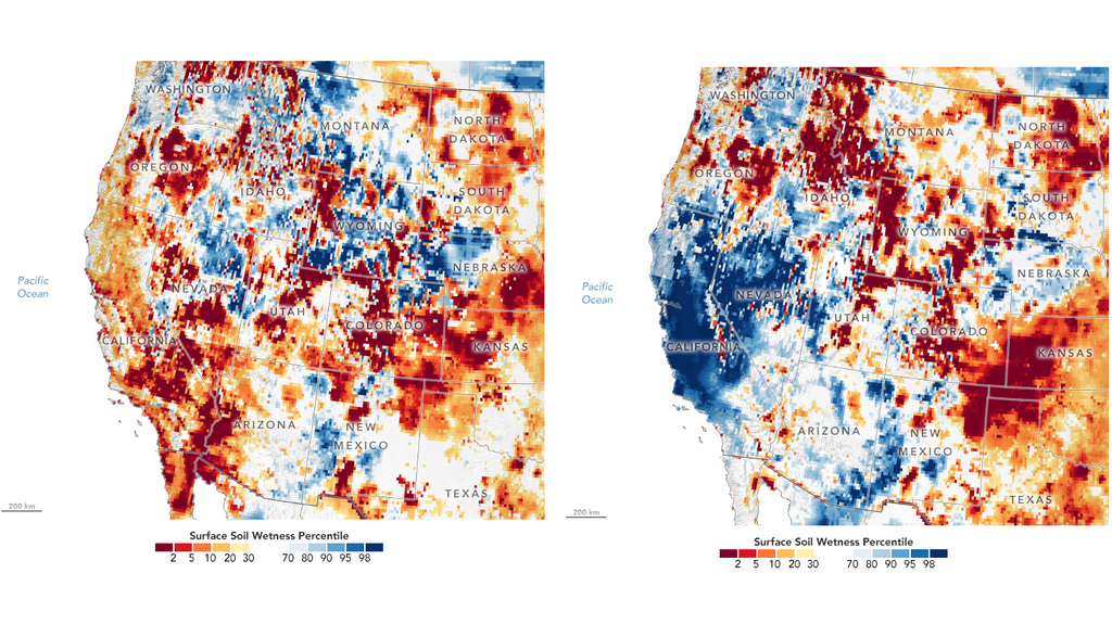 Humedad del suelo superficial en el oeste de los Estados Unidos el 26 de diciembre de 2022 (izquierda) y el 9 de enero de 2023 (derecha), según el modelo del Centro Nacional de Mitigación de Sequías