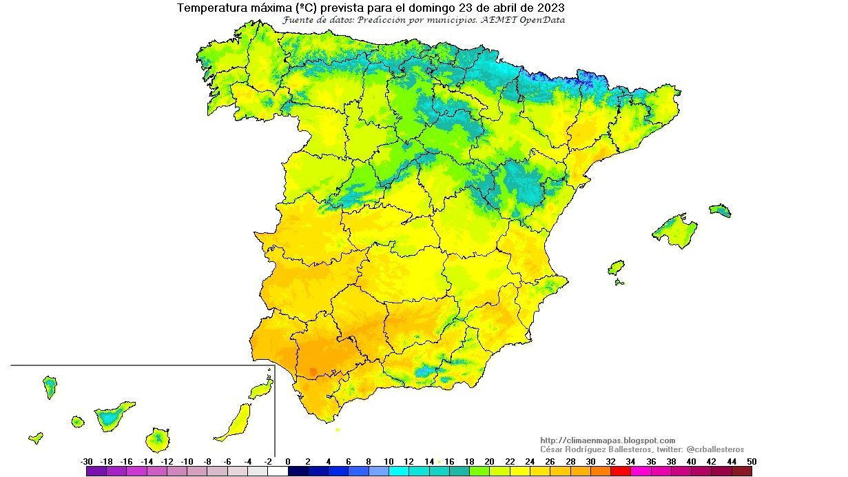 Temperaturas máximas previstas para el domingo 23