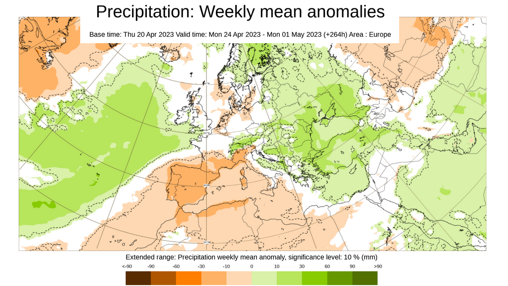 Anomalía de la precipitación prevista para la semana del 24 al 30 de abril
