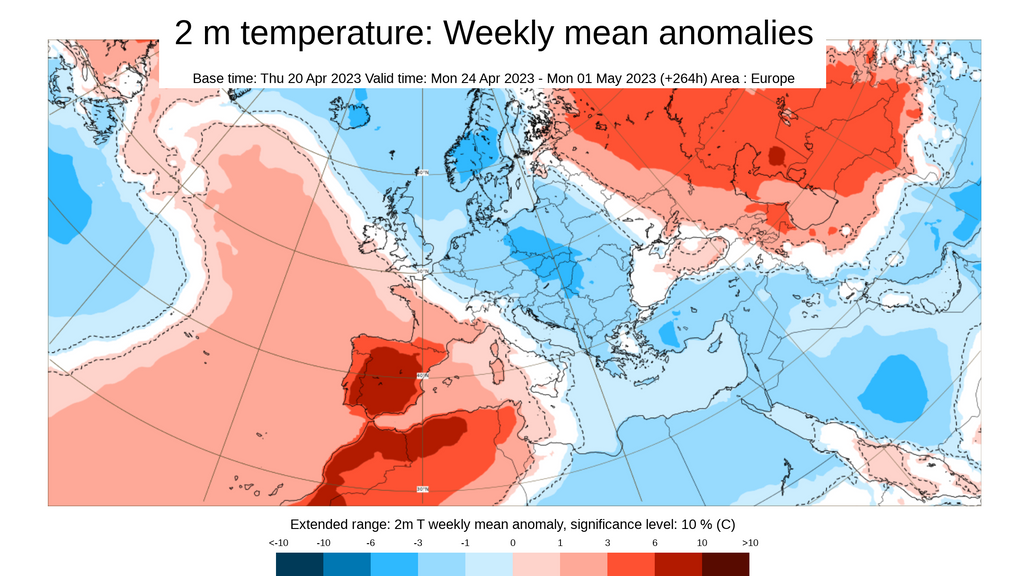 Anomalía de la temperatura prevista la semana del 24 al 30 de abril