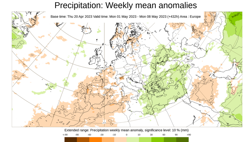 Anomalía de la precipitación prevista la primera semana de mayo 2023