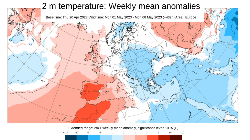 Anomalía de la temperatura media prevista para la primera semana de mayo 2023