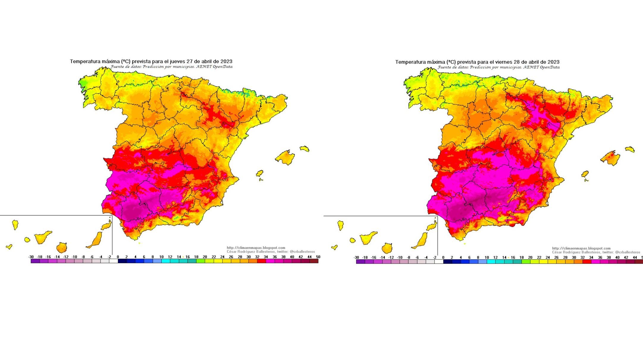 Temperaturas máximas previstas para el jueves 27 y viernes 28