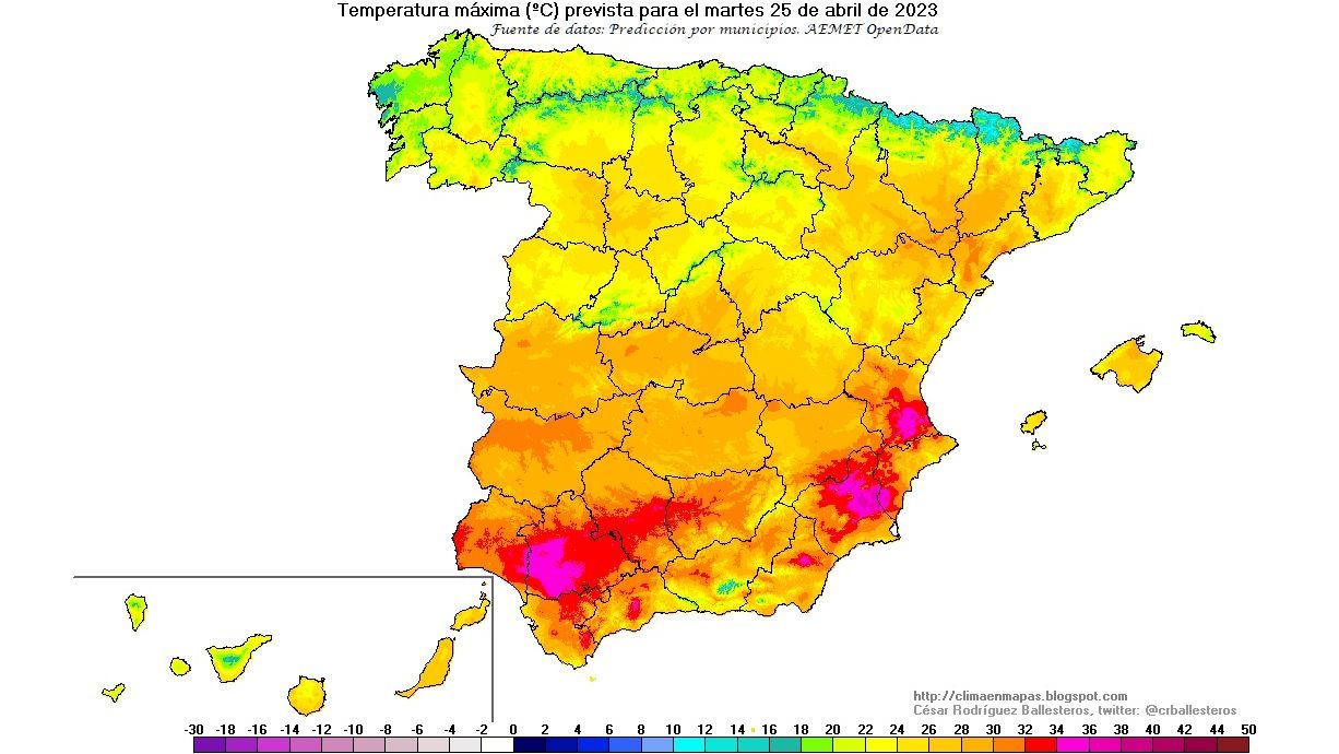 Temperaturas máximas previstas para el martes 25