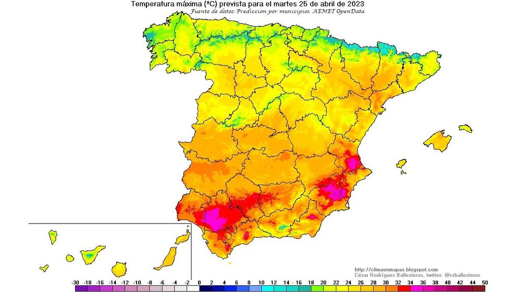 Temperaturas máximas previstas para el martes 25