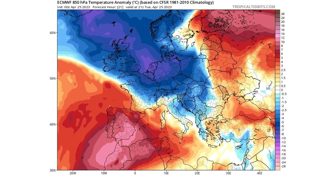 Anomalía de la temperatura 850 hPa prevista para este martes 25