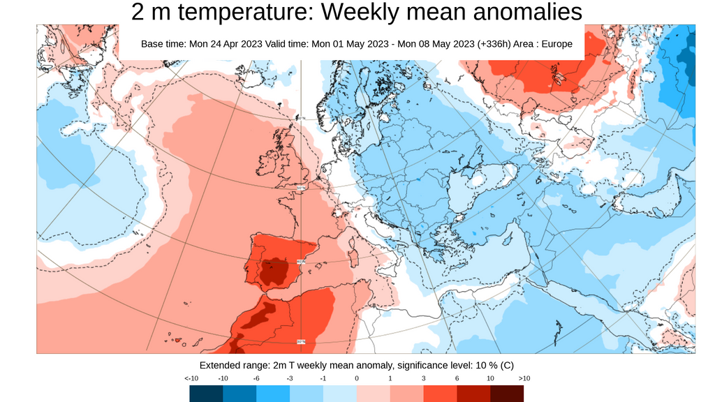 Anomalía de la temperatura prevista para la primera semana de mayo