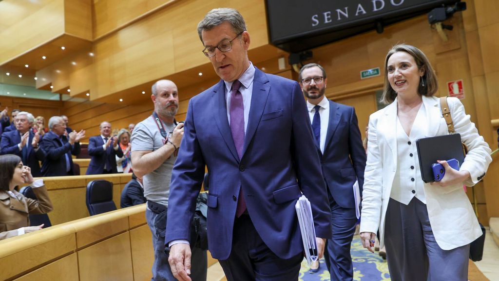 El presidente del PP, Alberto Núñez Feijóo, llega al Senado escoltado por sus portavoces parlamentarios