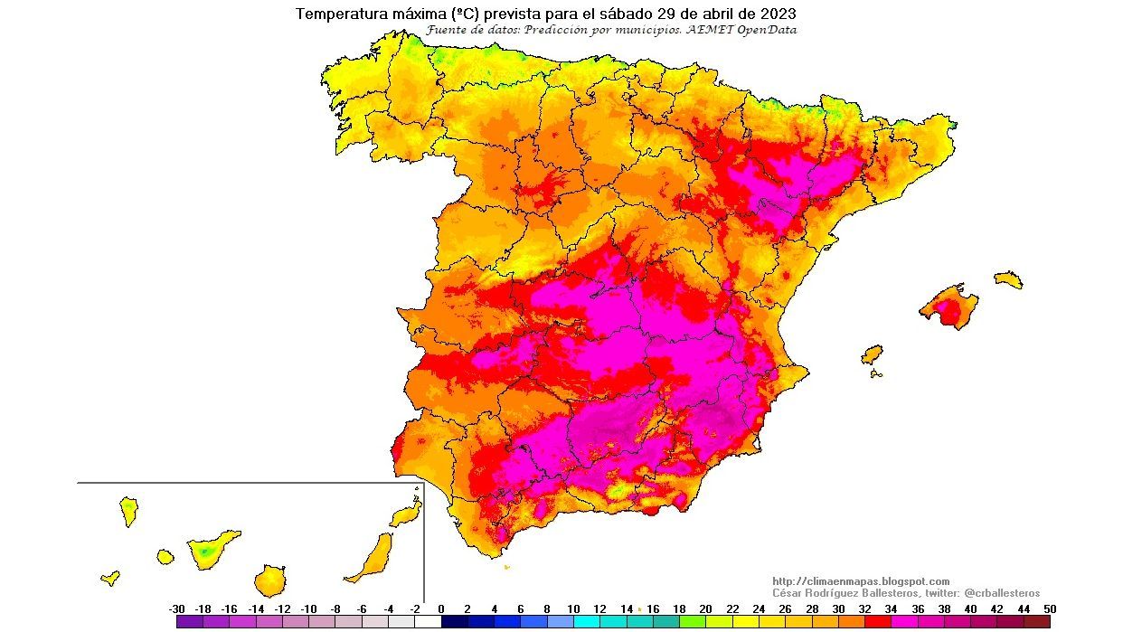 Temperaturas máximas previstas para el sábado 29