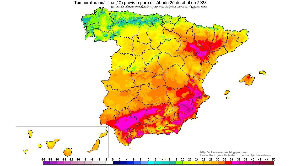 Temperatura máxima prevista para el sábado 29