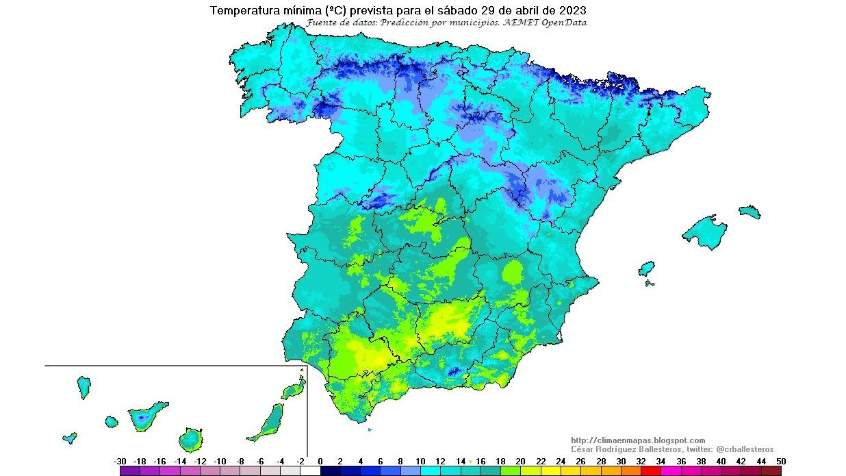 Temperatura mínima prevista para el sábado 29