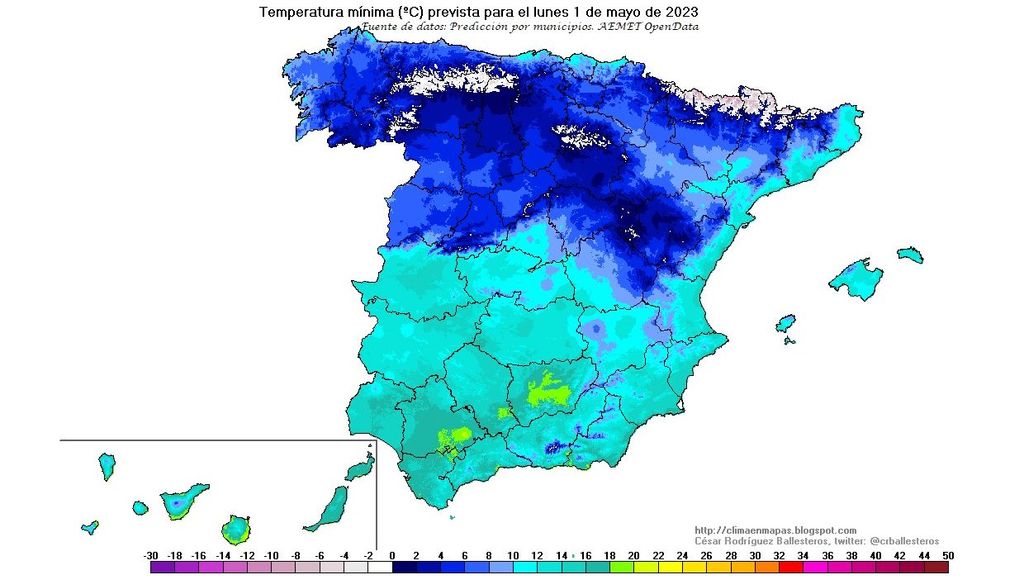 Temperaturas mínimas previstas para el lunes 1 mayo