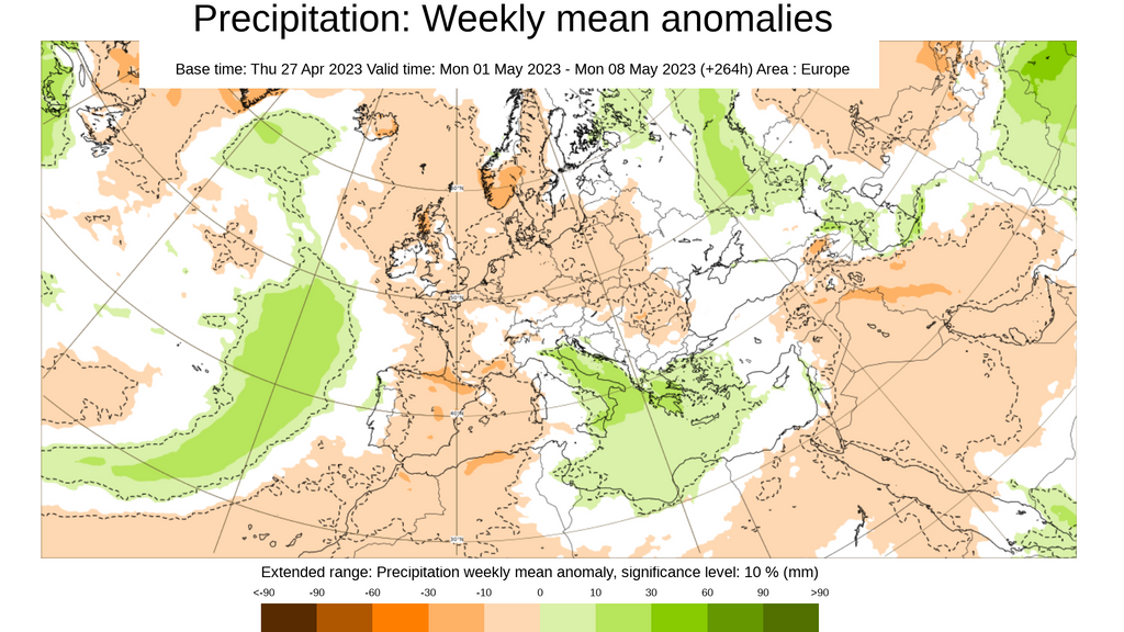 Anomalía de la precipitación prevista para la primera semana de mayo 2023