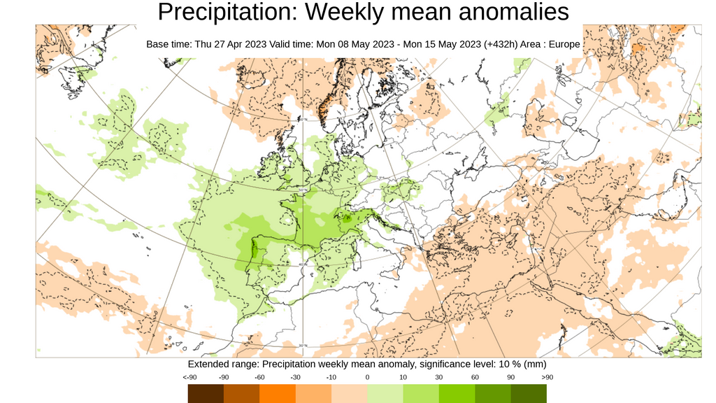 Anomalía de la precipitación prevista para la semana del 8 al 14 de mayo