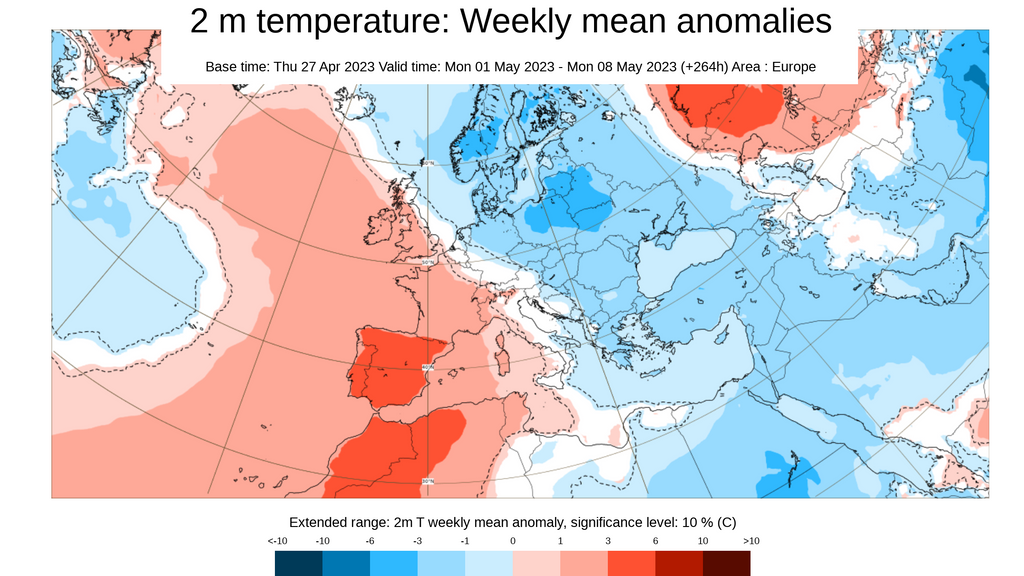 Anomalía de la temperatura prevista para la primera semana de mayo 2023