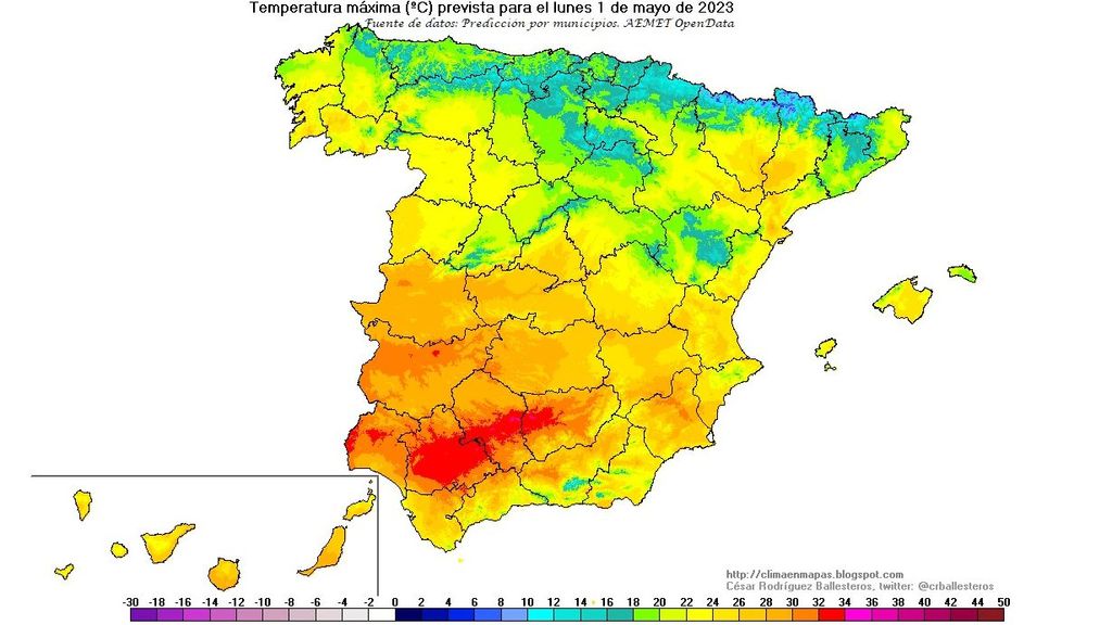 Temperaturas máximas previstas para el lunes 1 mayo