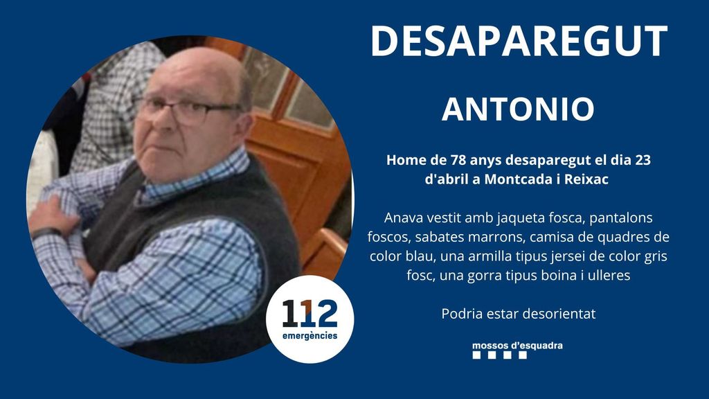 Los Mossos piden ayuda para encontrar a Antonio, septuagenario desaparecido en Montcada i Reixac, Barcelona