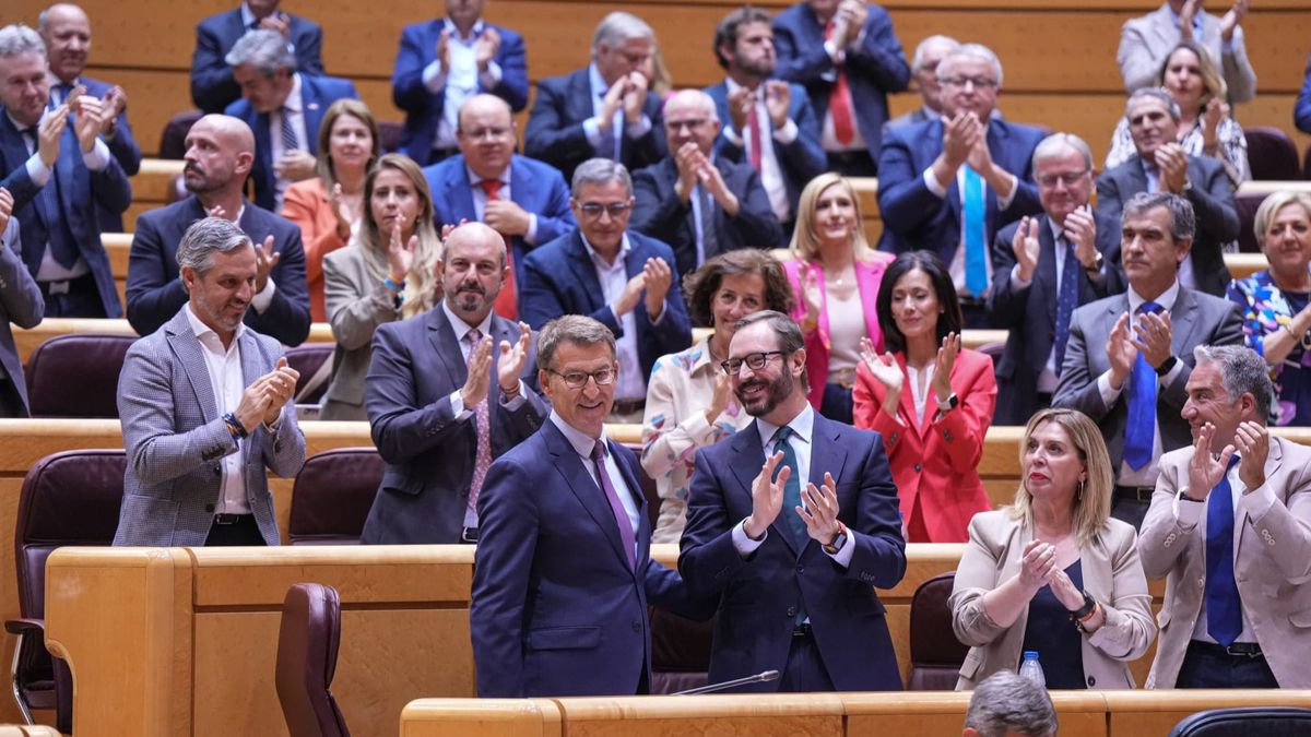 Los senadores del PP aplauden ayer a Feijóo en su noveno cara a cara con Pedro Sánchez