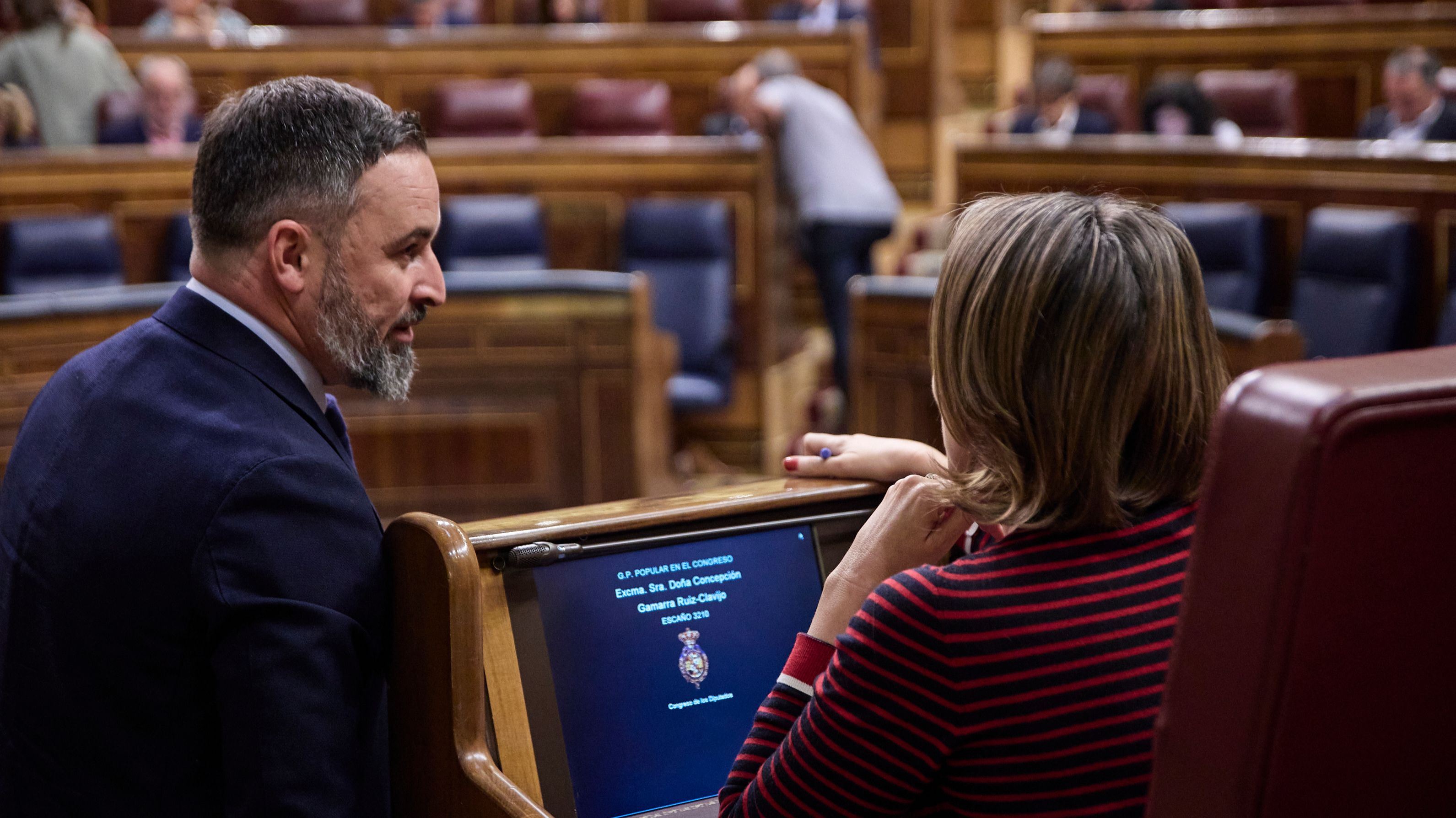 Santiago Abascal y Cuca Gamarra conversan en el hemiciclo en una imagen de archivo