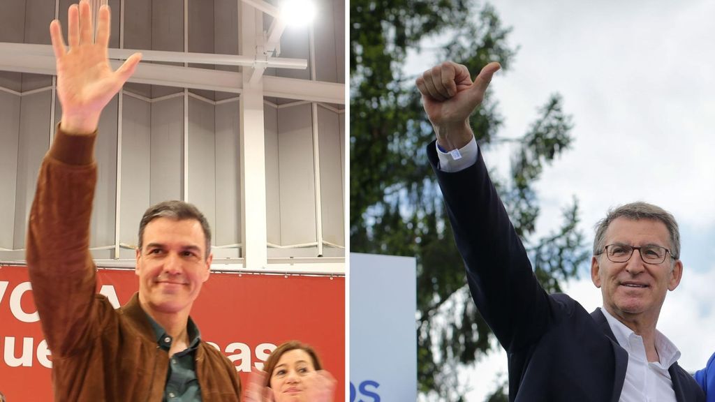 Pedro Sánchez y Alberto Núñez Feijóo en mitines de campaña