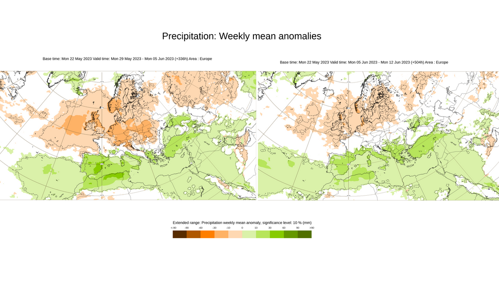 Anomalía de la precipitación prevista del 29 de mayo al 12 de junio