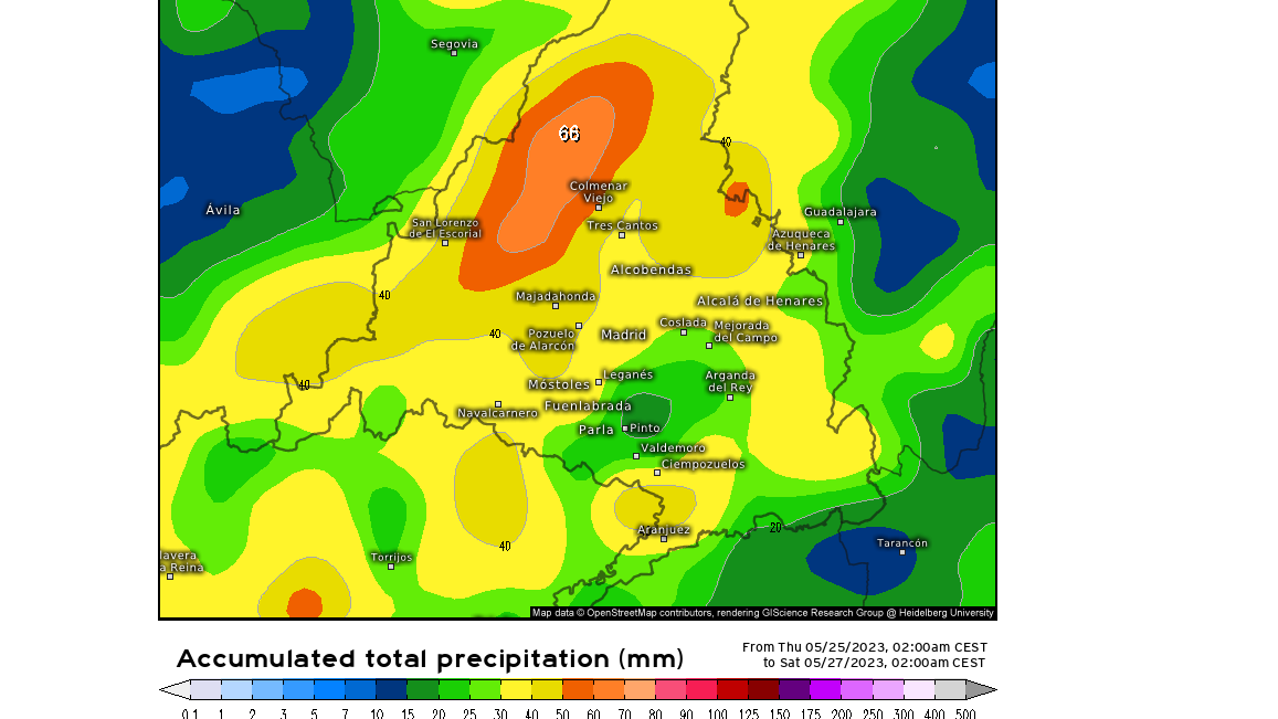 Precipitación prevista en la Comunidad de Madrid hasta el sábado 27